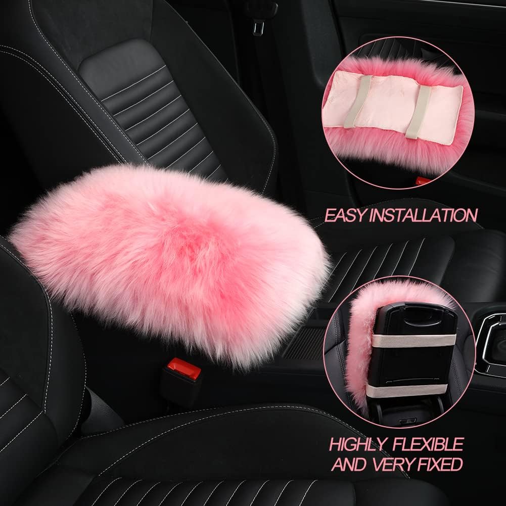 LLB Auto Center Console Cover Pad Universal Fit for SUV/Truck/Car, Sheepskin Wool Fur Car Armrest Seat Box Cover, Furry Fluffy Auto Armrest Cover