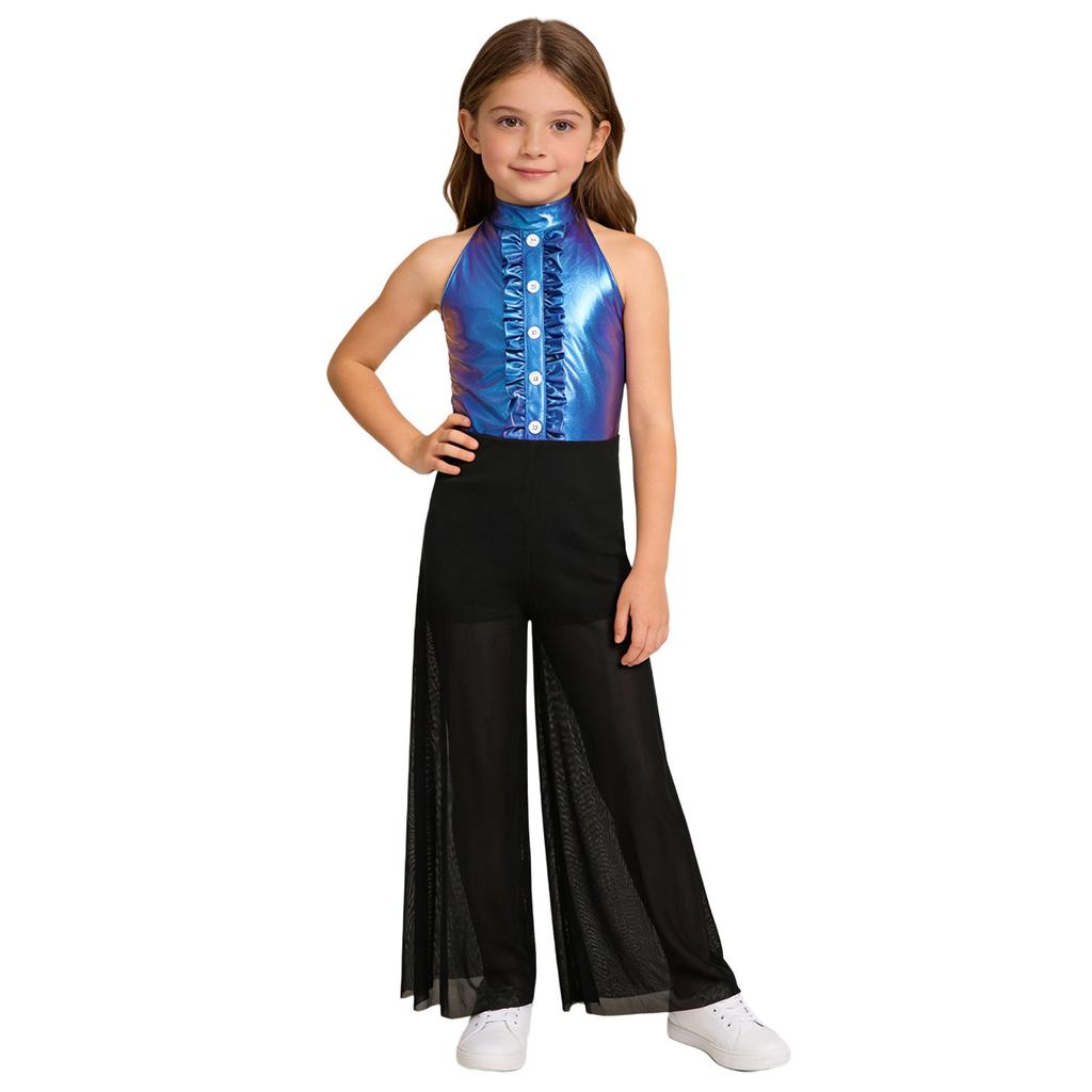 Блестящий металлический и сетчатый танцевальный комбинезон для девочек: Топ без рукавов с воротником-стойкой и оборками на лифе и струящиеся широкие брюки для сцены