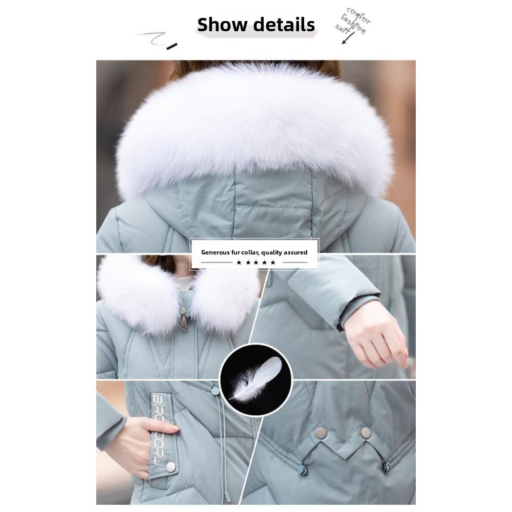 Пуховик женский средней длины и длинный новый приталенный с меховым воротником теплый пуховый утолщенный зимний
