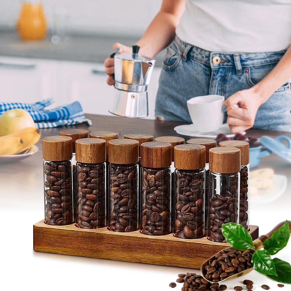 Single Dose Coffee Bean Storage 12 Tubes Multipurpose Portable Coffee Bean Container Cellar with Walnut Wood Display Stand and Funnel 2oz