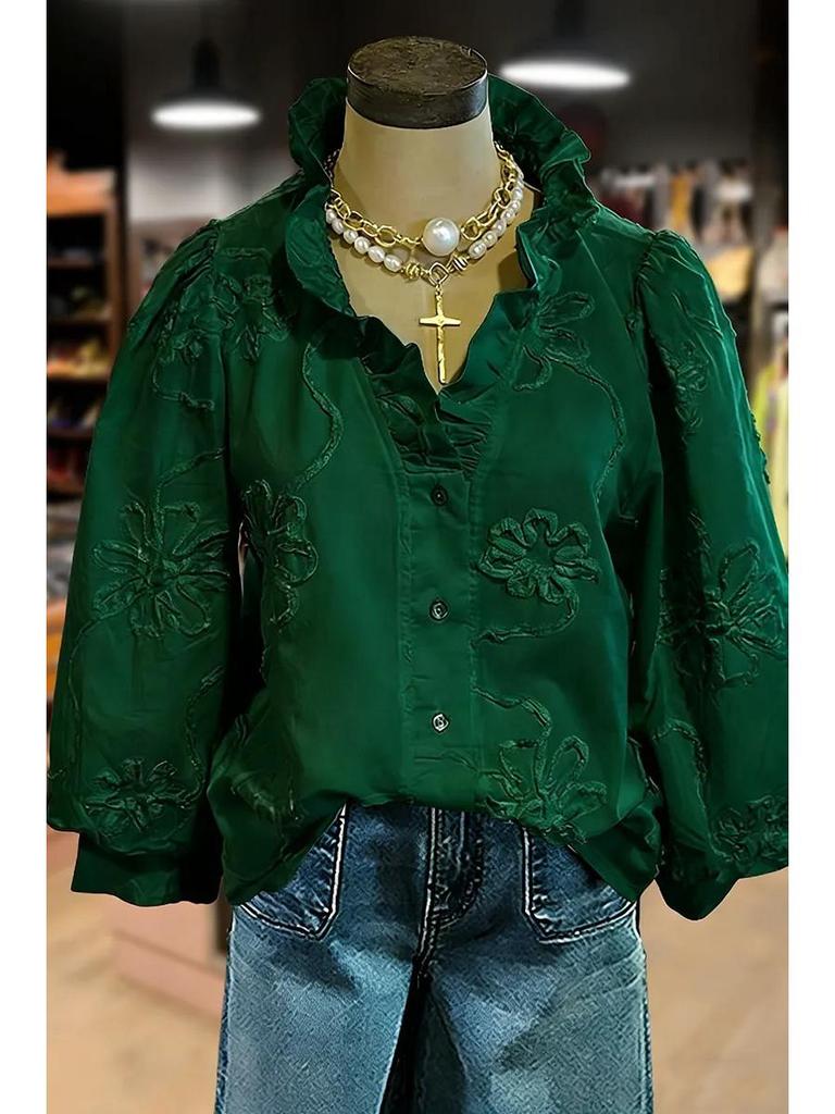 Европейско-американский повседневный женский топ для отдыха с V-образным вырезом, оборками, пышными рукавами и вышивкой