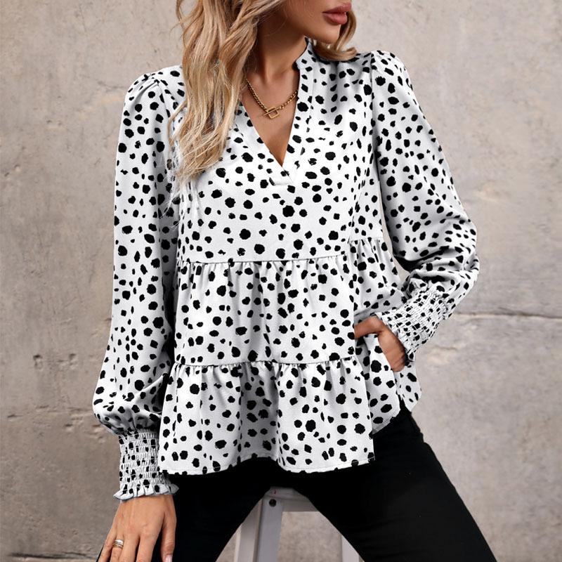 Women Fashion Long Sleeve V Neck Ruffles Leopard Printed Pullover Shirt Blouse Top