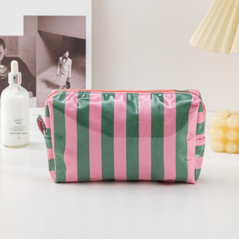Pvc Striped Cosmetic Bag Makeup Bag With Zipper Waterproof Travel Toiletry Bag Makeup Brush Case 1Pc