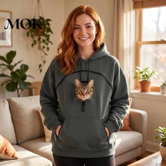 Casual Winter Hoodie Women Pet Pouch with Head Hole, Oversized Hooded Sweatshirt Puppy Zipper Pockets, Dog Cat Carrying Pullover Top for Fall