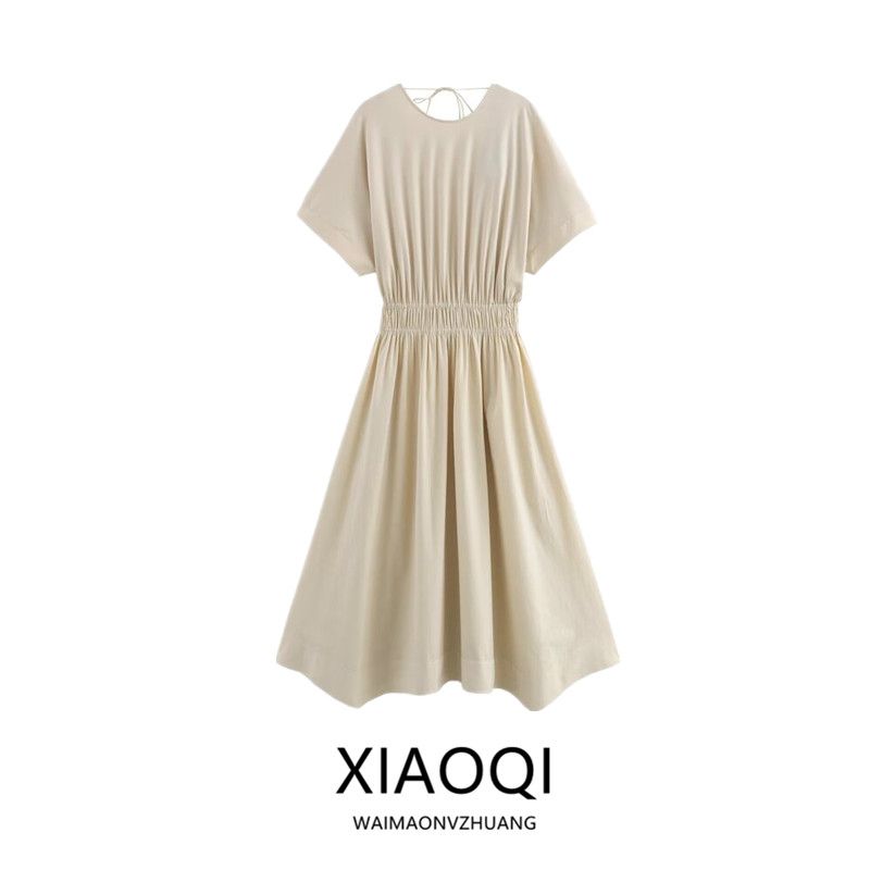 Fashion Style 2024 Summer New Female Excellent Elegant Tight Waist Pleated Short Sleeve Backless Dress 06618931711