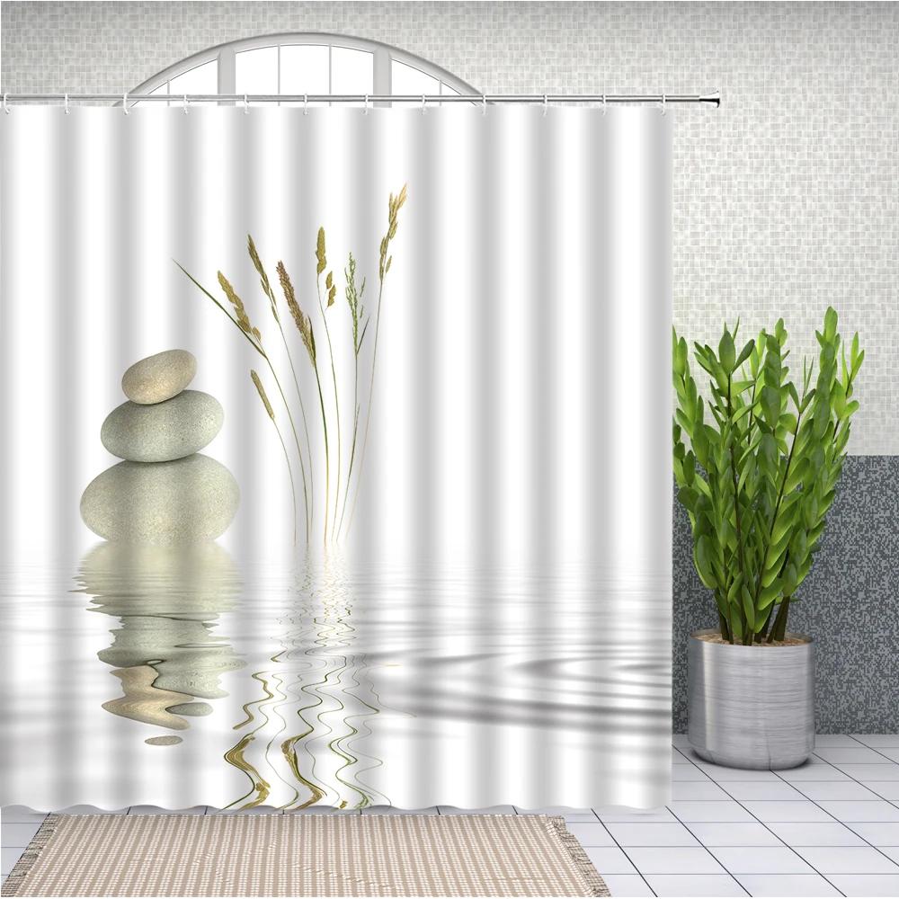 Шторы для душа 'Камни и Белый Лотос в Воде' Zen Spa Белый Водонепроницаемый для Ванной Комнаты Extra Long Полиэстер для Декора Ванной