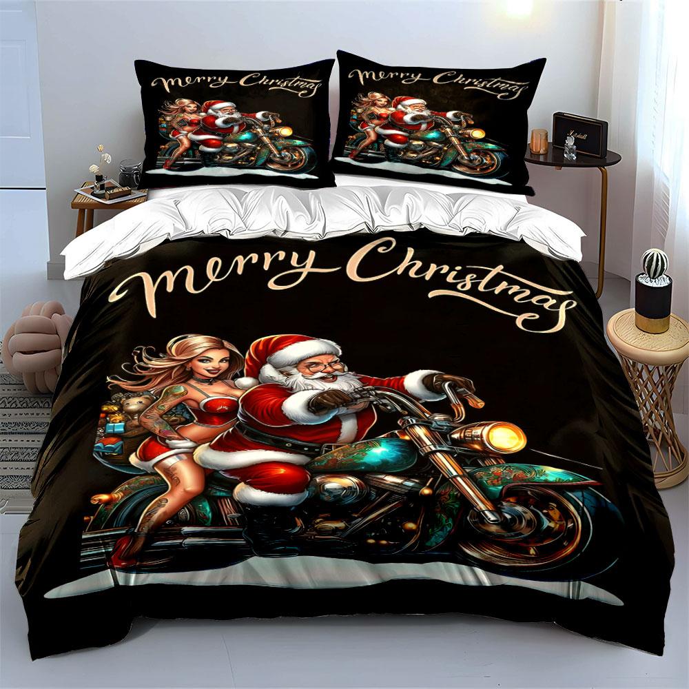 Santa, motorcycle, festive woman. Bedding sets Duvet cover sets Duvet covers Pillowcases(1 * Duvet Cover 2 * Pillowcases without duvet insert)