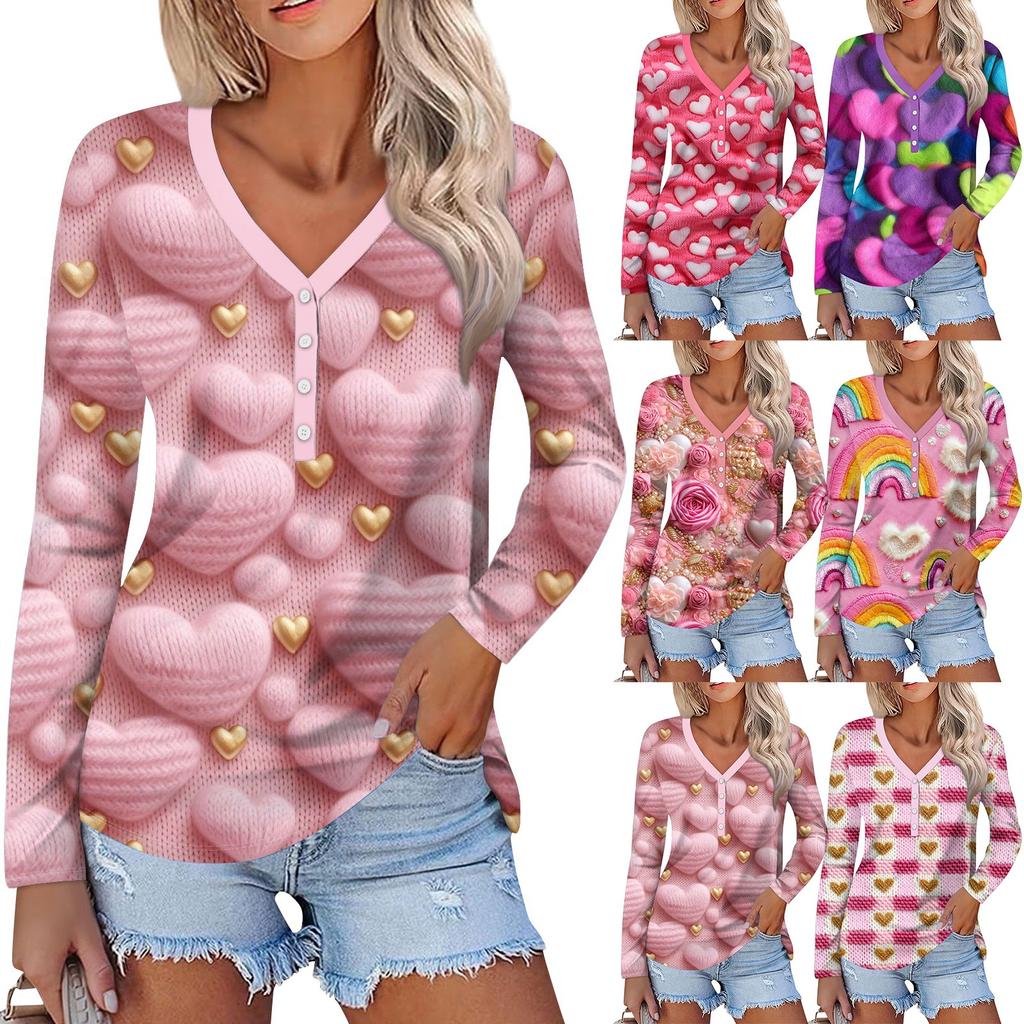 Женский модный повседневный топ с длинным рукавом и V-образным вырезом на пуговицах ко Дню святого Валентина с принтом в виде сердца