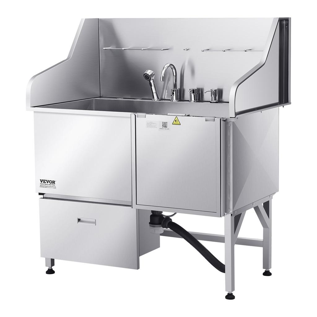 VEVOR 304 Stainless Steel Dog Washing Station, 127 cm Pet Grooming Tub with Non-Slip Low-Slope Ramp, Storage Drawer, Hot & Cold Faucet