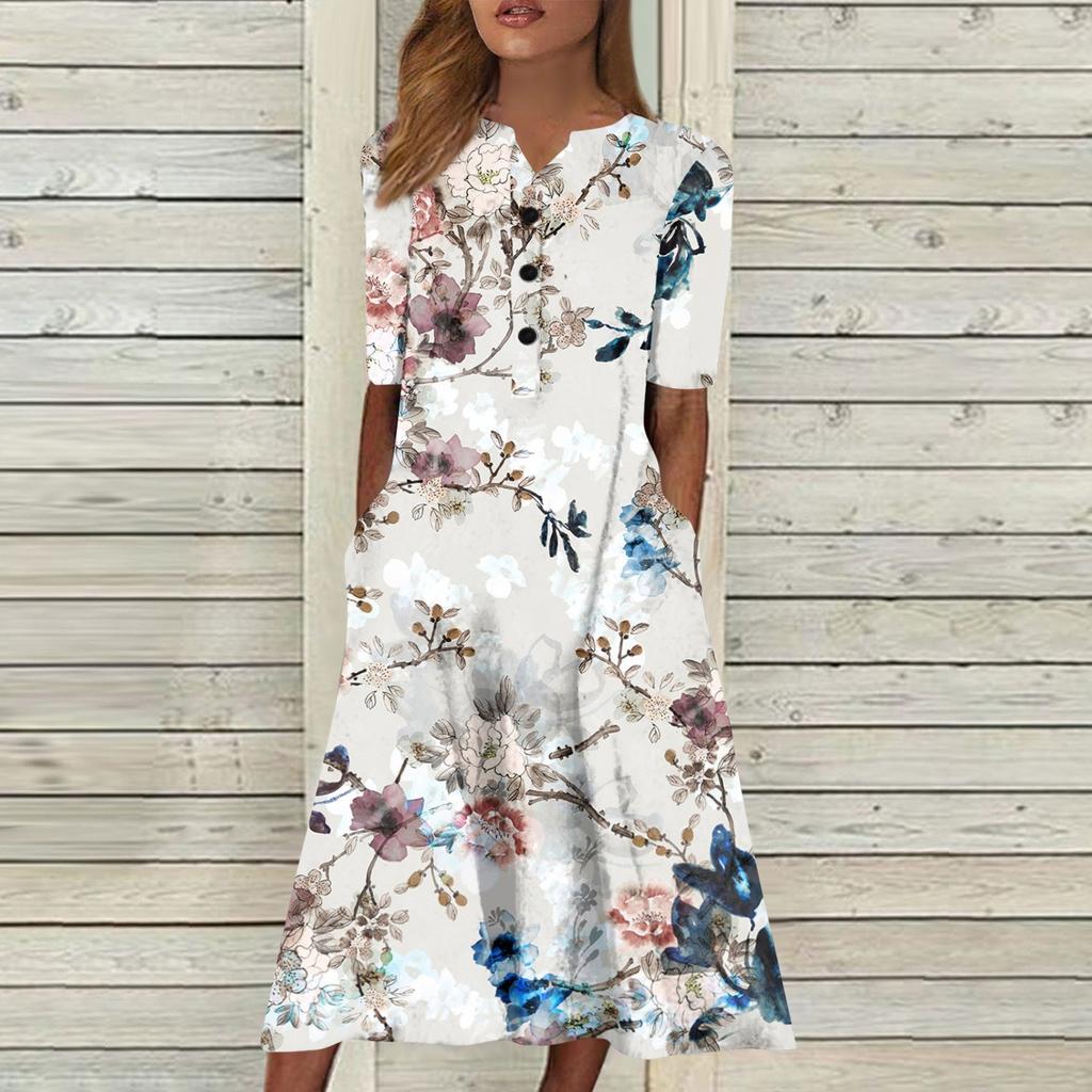 Women's Summer Casual Printing Fashion V-neck Short Sleeved Beach Swing Skirt