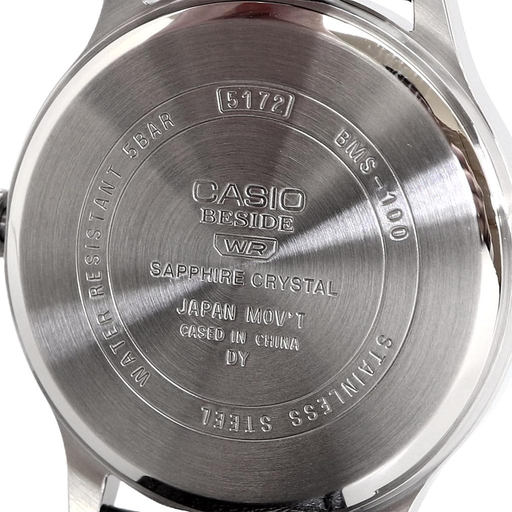 Casio Мужские часы BESIDE Quartz Сапфировое стекло Коричневый кожаный ремешок 24-часовой дисплей Серебристый BMS-100L-5AV