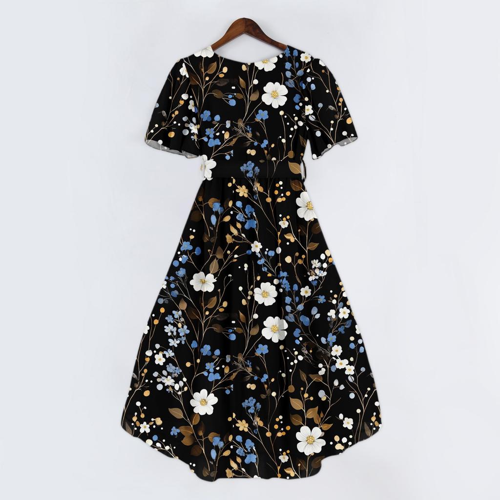 Women's Fashion Casual V Neck Short Sleeve Ruffled Vintage Printed Dresses