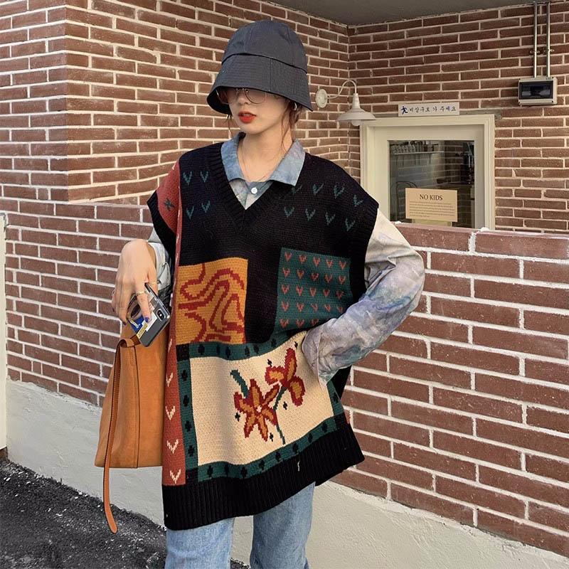 Свитер-жилет женский плюс размер осенний v-образный вырез свободный вязаный удобный спортивный свитер сто с майкой без рукавов