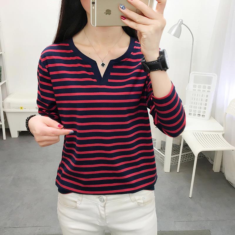 Женская свободная полосатая хлопковая футболка с длинным рукавом для весны и осени
