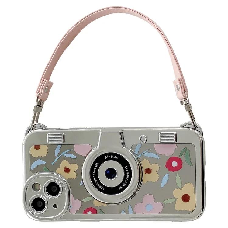 Для iPhone 14 Plus чехол с гальваническим покрытием, цветочный узор, дизайн камеры, чехол для телефона из ТПУ с ремешком-тоут - розовый цветок