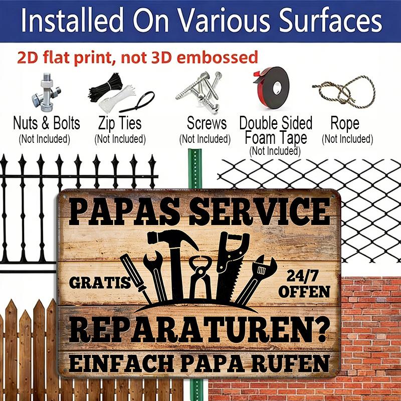 2D Flat, 1pc "Papas Service Reparaturen" Vintage Sign, 12"×8" - Funny German Dad Repair Plaque, Tool & Wood Style - Aluminium Wall Hanging for Garage