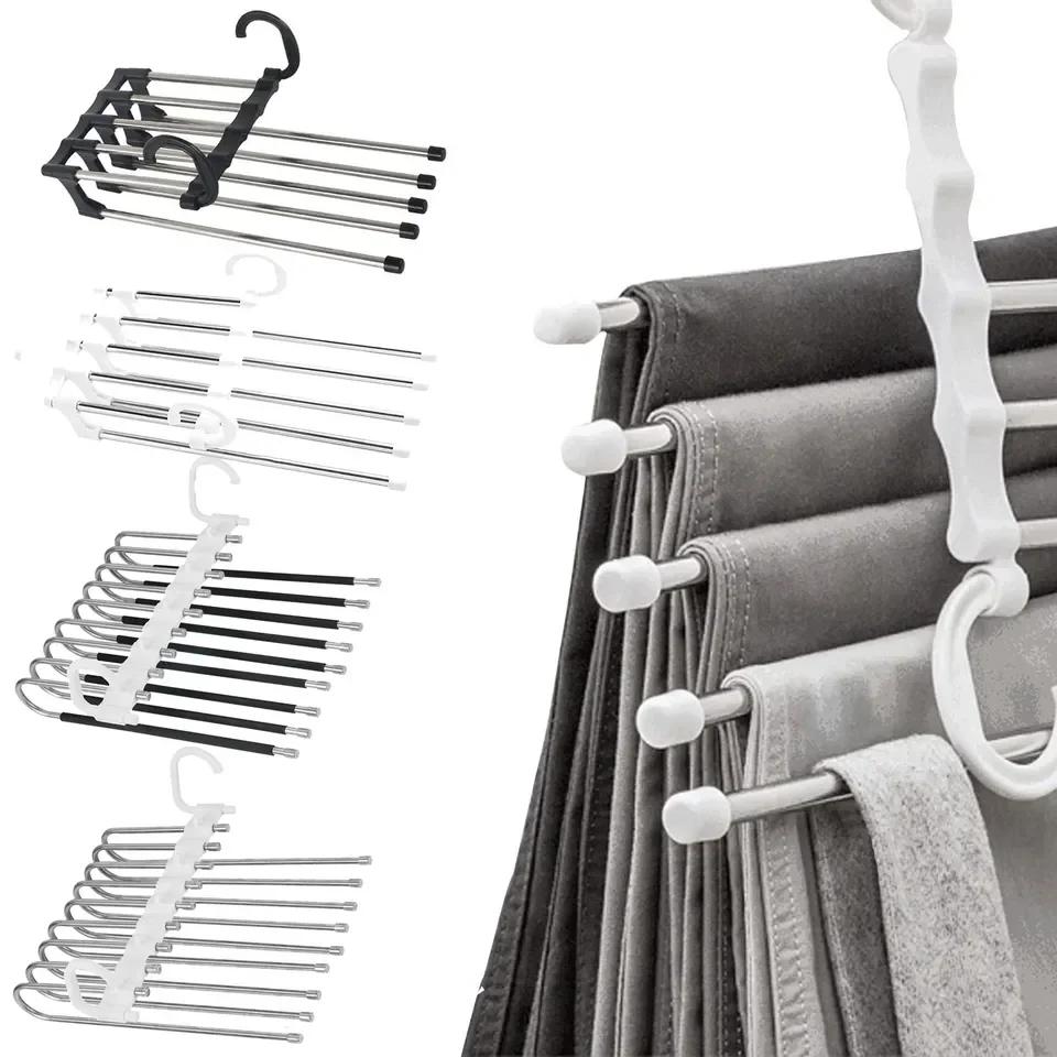 5 in 1 Multilayer Trouser Rack Retractable Stainless Steel Folding Pant Rack Baby Hanging Towel Drying Racks Closet Organizer