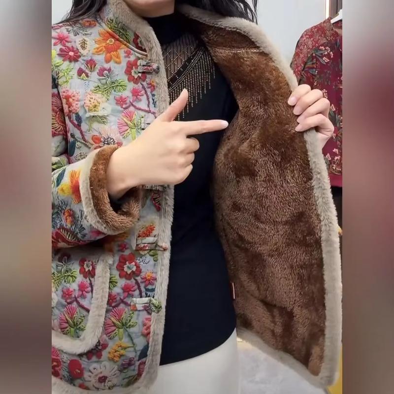 Осенняя Зимняя Хлопковая Куртка с Цветочным Принтом Женская Теплая Флисовая Куртка Парка с Длинным Рукавом Однобортная Ветрозащитная Верхняя Одежда