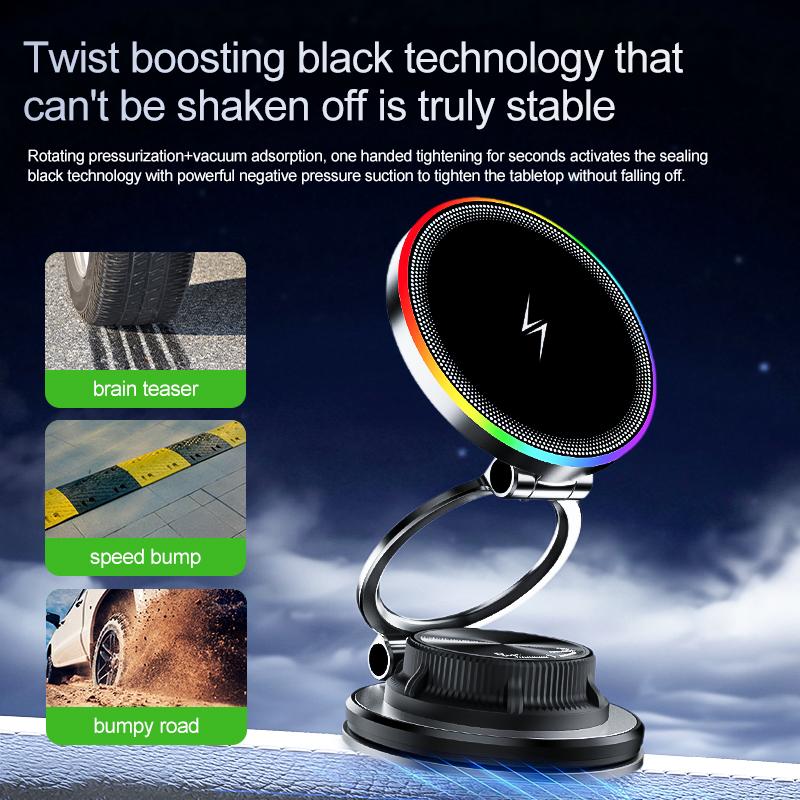 Vacuum Suction Cup Mount 360° Adjustable Ultra-thin Magnetic Car Phone Holder with 15W Wireless Charger & RGB Light