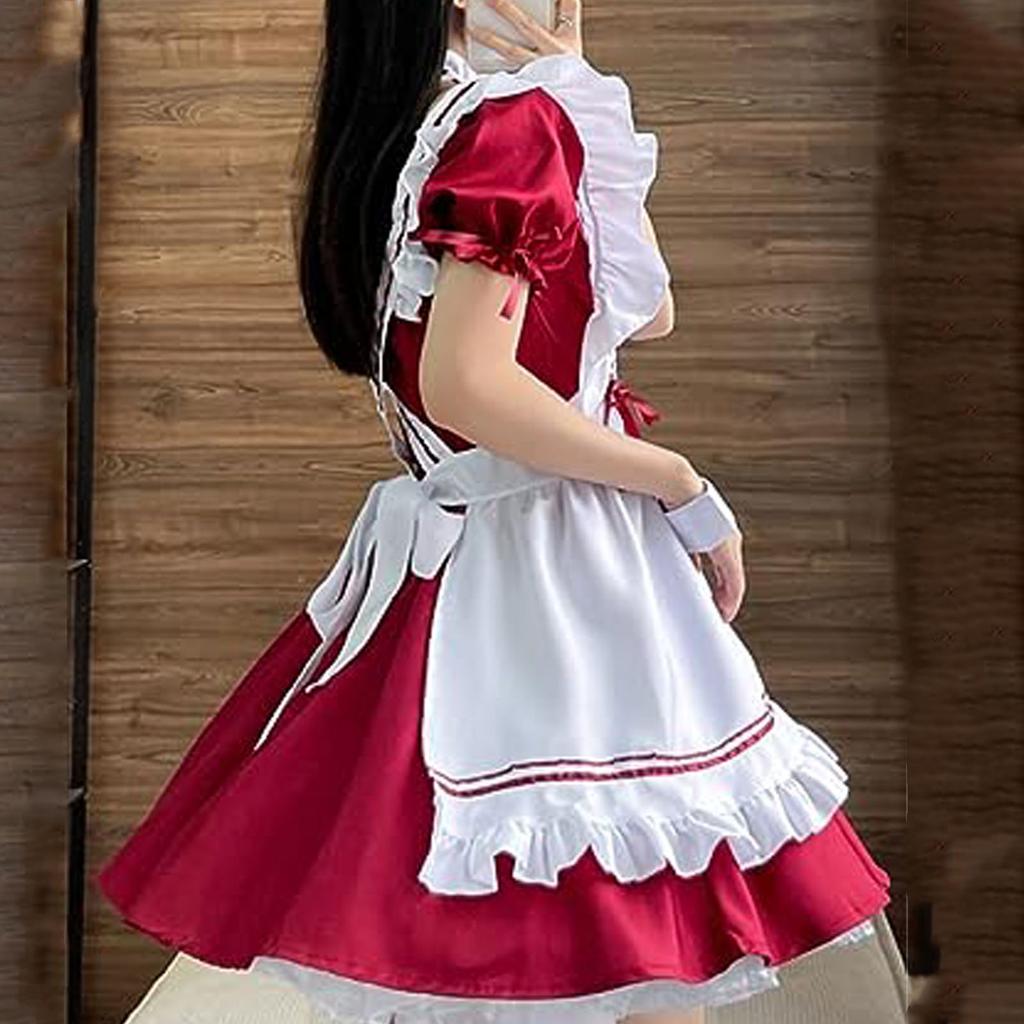 Maid Costume Ruffle Frill Trim Cute Bow Apron Dress Cosplay Makeup Outfit with Headwear Neck Leg