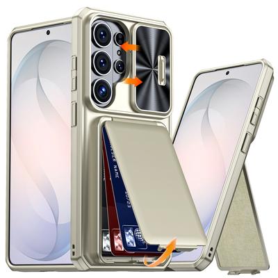 Чехол-кошелек для телефона Samsung Galaxy S26 Ultra с держателем для карт, выдвижной крышкой для камеры и подставкой, противоударный PC+TPU - Цвет: Шампанское