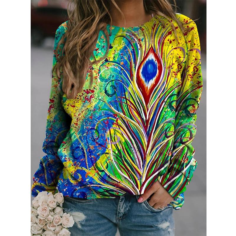 Spring And Autumn 3D Peacocks Printed Long Sleeve T Shirt Women Florals Pullover Harajuku Clothing Fashion Women Tops Sweatshirt