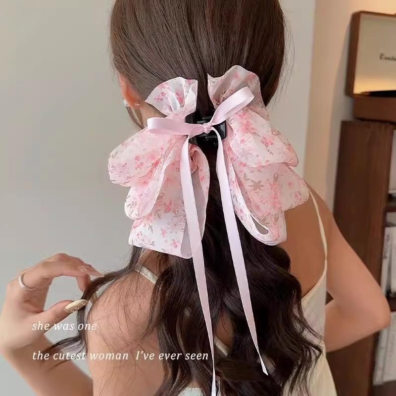 Premium French Floral Bow Ribbon Shark Clips Women Gentle Temperament Half Tie Back Hair Daily Commute Vacation Hair Accessories for Her