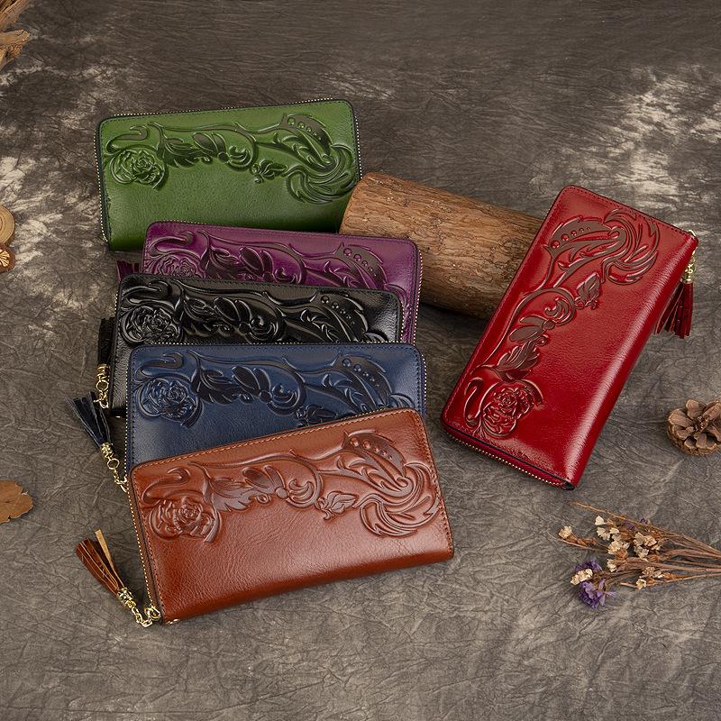 Кошелек ручной работы для женщин, большой емкости, первый слой из коровьей кожи, тисненый кошелек для монет, сумка для удостоверения личности с несколькими карточками