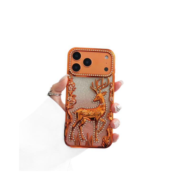Электролитический блестящий 3D чехол с оленем и стразами для iPhone 17 Pro Max / Роскошный мягкий чехол со стразами для Apple 16, 15