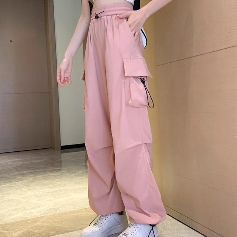GMXIA Летние розовые шелковые быстросохнущие рабочие брюки женские Tide Cool Street Slim Wide Leg Design Feeling Drawstring Two Wear Dance Брюки