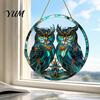 Double Owl Pattern Suncatcher Window Hanging Ornament, Stained Glass Style Circular Wall Bird Decoration Decor, Green Art for Home Porch Garden