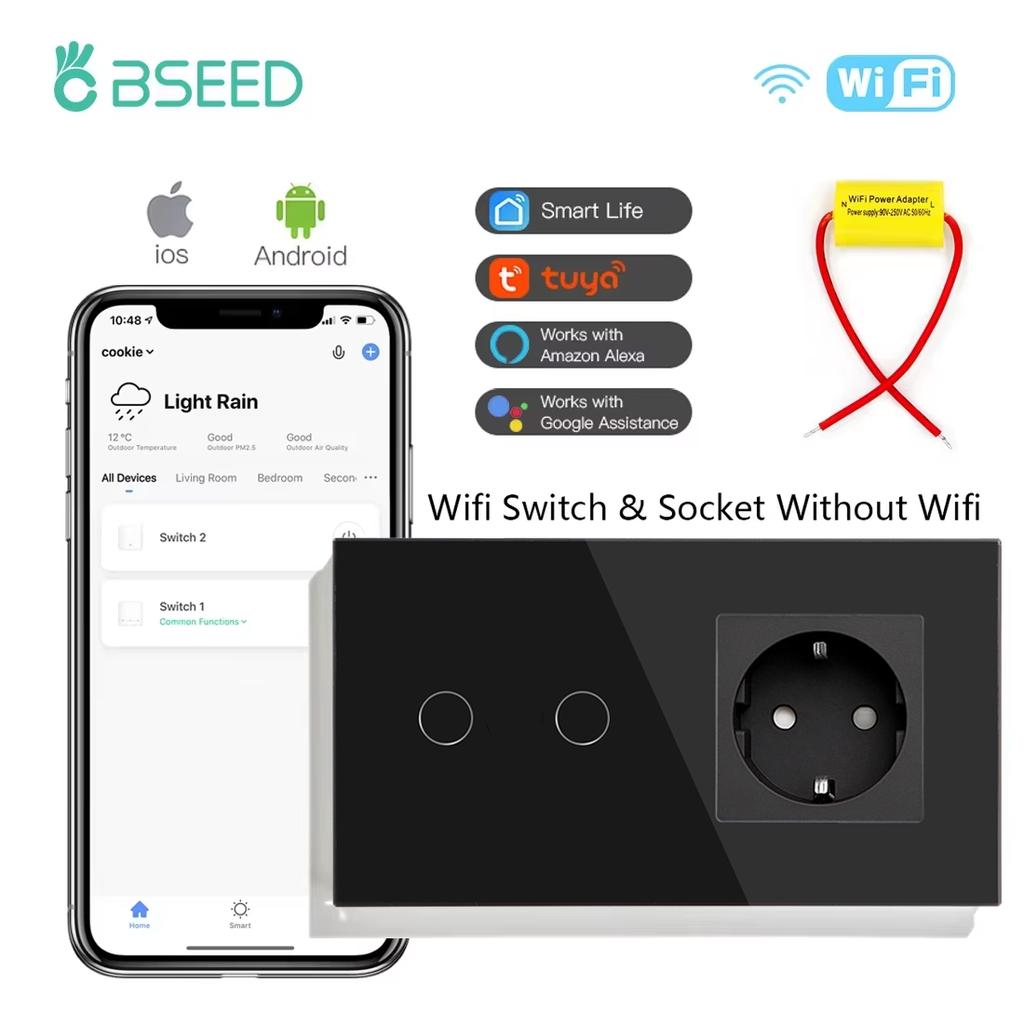 BSEED 1/2/3-клавишные Wifi сенсорные выключатели света Tuya Smart Life Приложение Alexa С розетками EU, портами питания USB, конденсатором в комплекте, черный