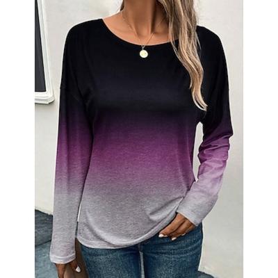 Женская футболка, модная, повседневная, с градиентом цвета, обычные топы с длинным рукавом, круглым вырезом, с принтом, стандартный крой, повседневная, выходного дня, красная, синяя, фиолетовая, серая, весна и осень