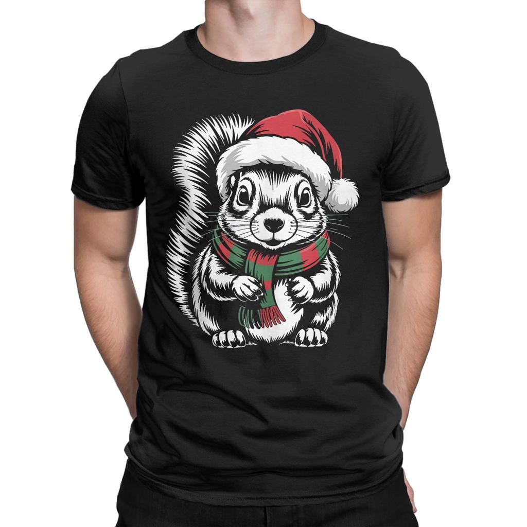 Leisure Squirrel Xmas Santa Hat Scarf Christmas T-Shirts for Men Crew Neck 100 Cotton T Shirts Short Sleeve Tees Plus Size Tops
