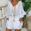 Women Flare Sleeve Cotton Long Shirt Oversized Hallow Out Loose Blouses Solid Color Yellow White Buttoned Ruffle Plus Size Tops