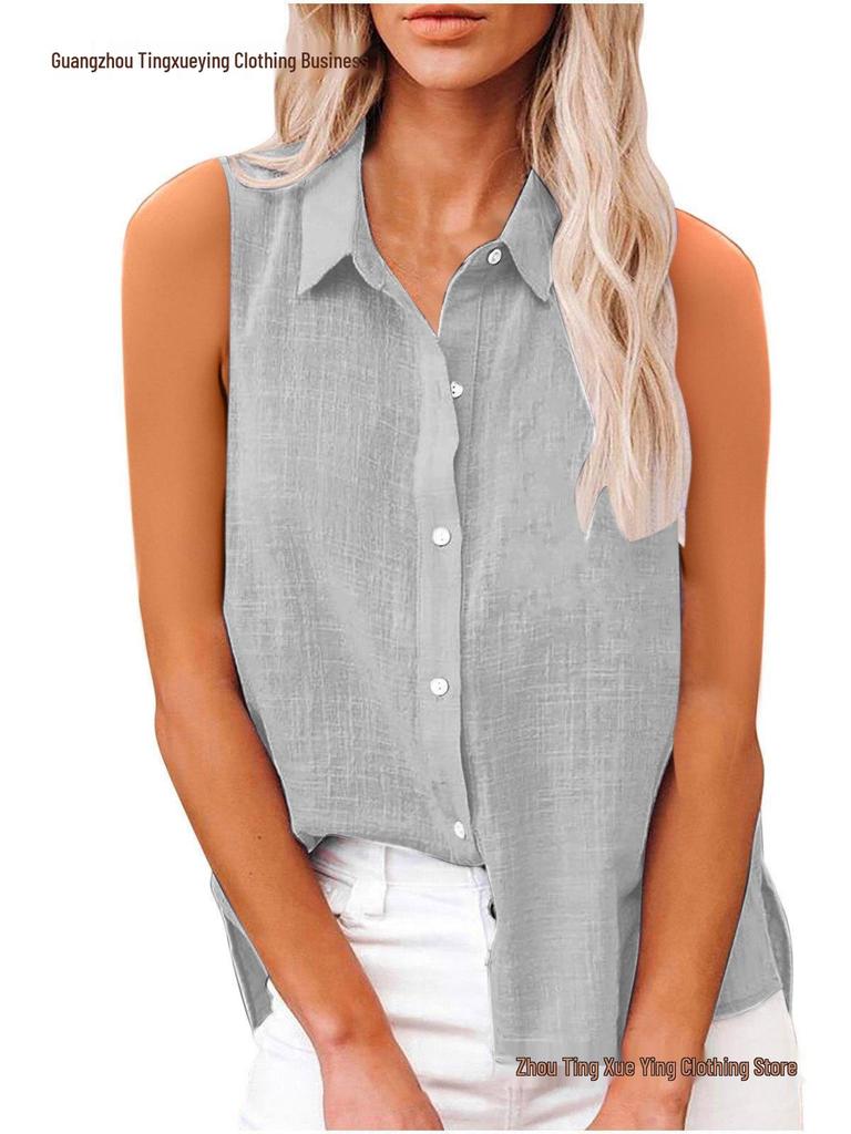 Летняя женская рубашка без рукавов с лацканами из хлопка и льна