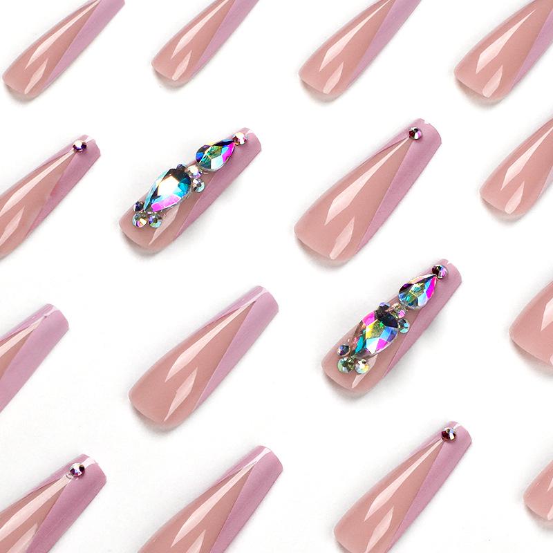 Носимый дизайн ногтей Длинный Балетный Розовый Носимый ноготь Длинный ноготь со стразами Готовый Накладной ноготь