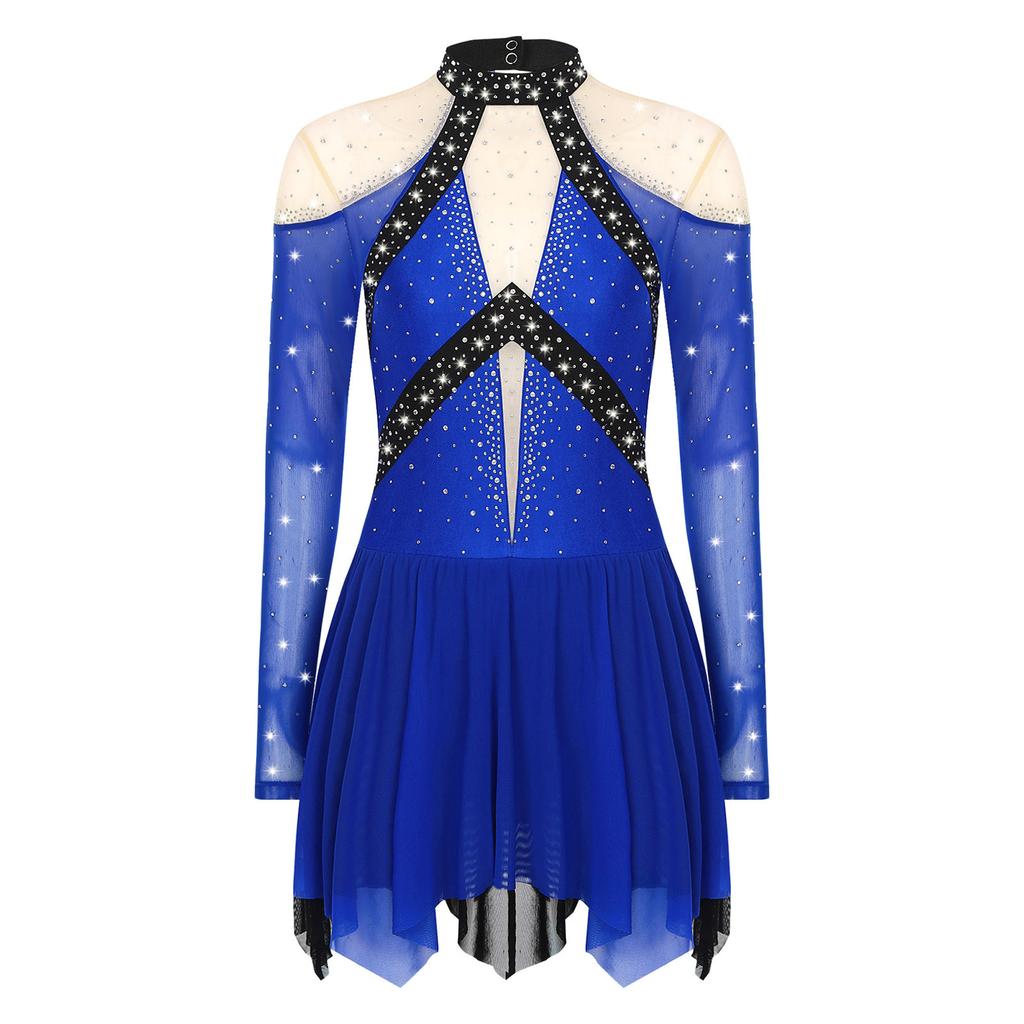 Women Figure Skating Performance Costume Sheer Mesh Rhinestones Leotard Dress for Modern Lyrical Dance Gymnastics Acrobatics