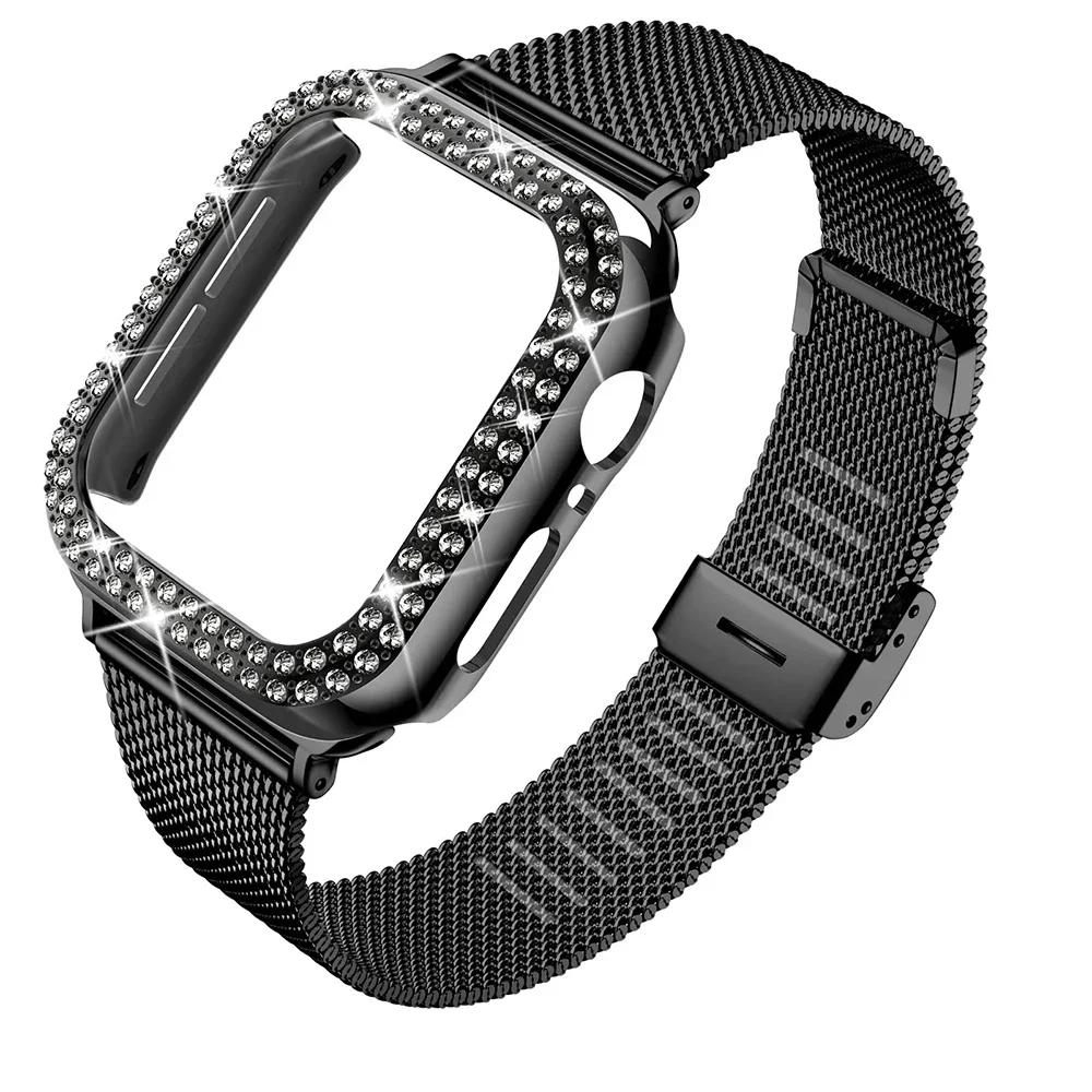 Алмазный Чехол+Металлический Ремешок Для iWatch Ultra 2 Ремешок 49мм 41мм 40мм Браслет из Нержавеющей Стали Для Apple Watch 9 8 7 45мм 44мм 42мм