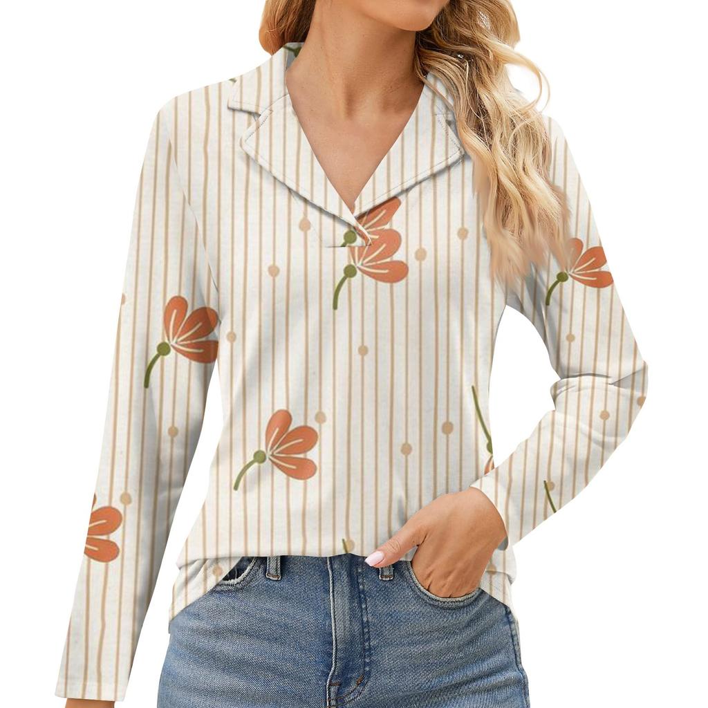 Женская мода для отдыха с длинным рукавом и V-образным вырезом с цветочным принтом