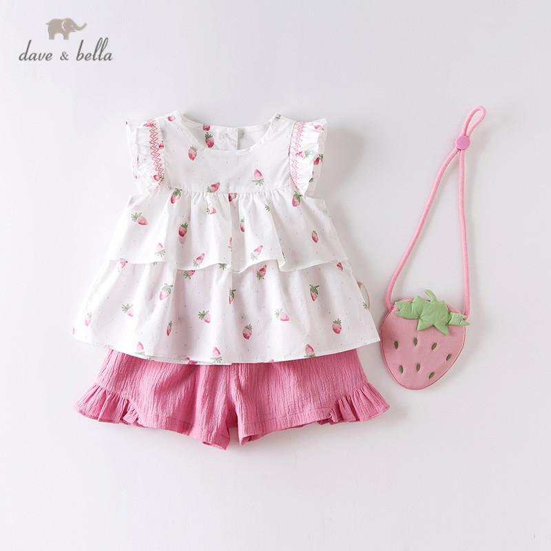 DBM14178 dave bella summer baby girls fashion fruit print ruched clothing sets kids cute sets children with small bag 3 pcs suit