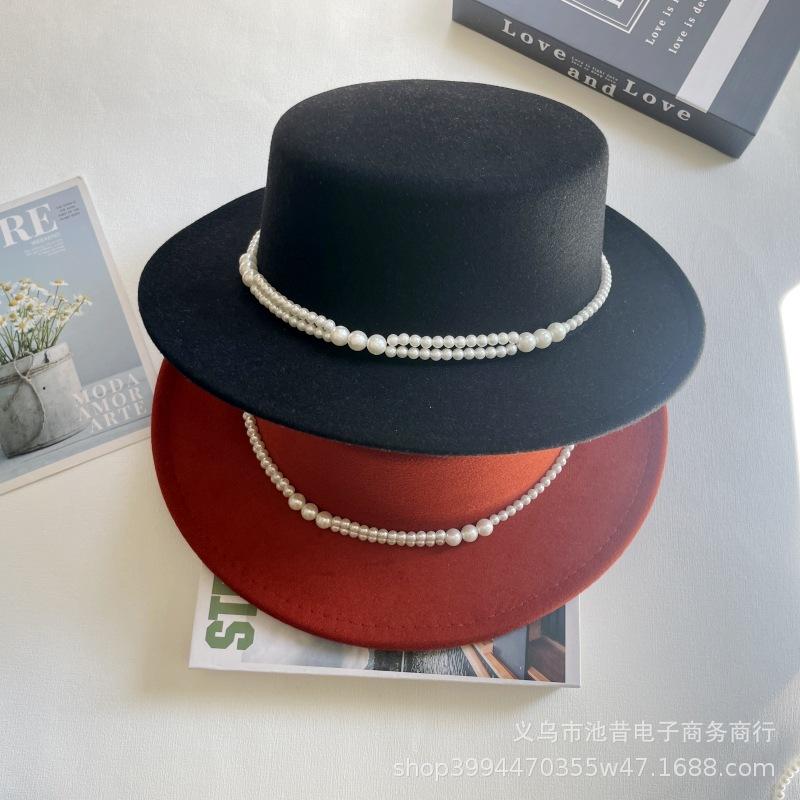 Pearl chain flat top top hat women's autumn and winter warm woolen felt hat celebrity retro British small fragrant shopping fashion hat