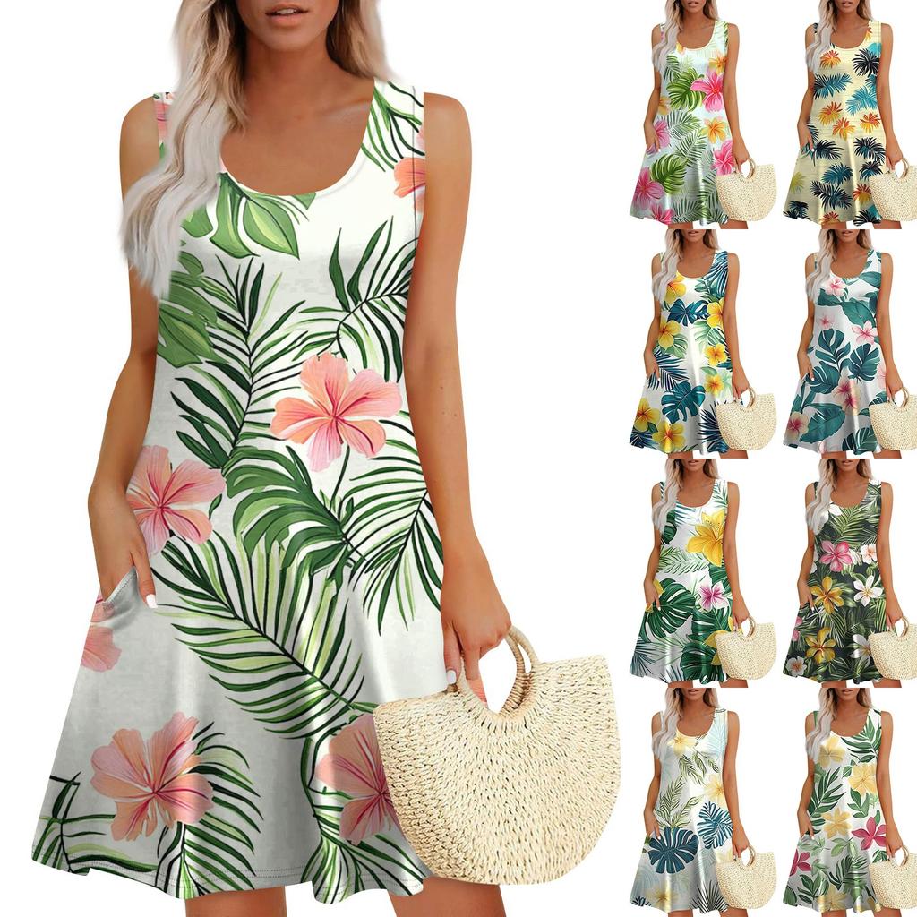 Women's Summer Casual Square Neck Floral Print Sleeveless Dress With Pockets