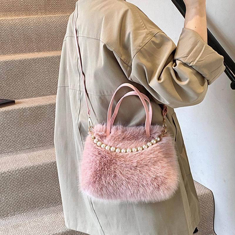 Hairy Handbag Pearl Chain Plush Small Square Bag For Women Fashion Elegant Shoulder Crossbody Bag Autumn Winter Versatile Totes