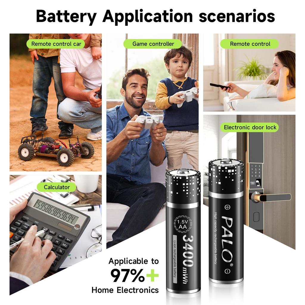 PALO Аккумуляторные литиевые батарейки AA 1,5 В 3400 мВт·ч 1,5 В литий-ионные батарейки AA Интеллектуальный зарядный бокс с дата-кабелем TYPE-C