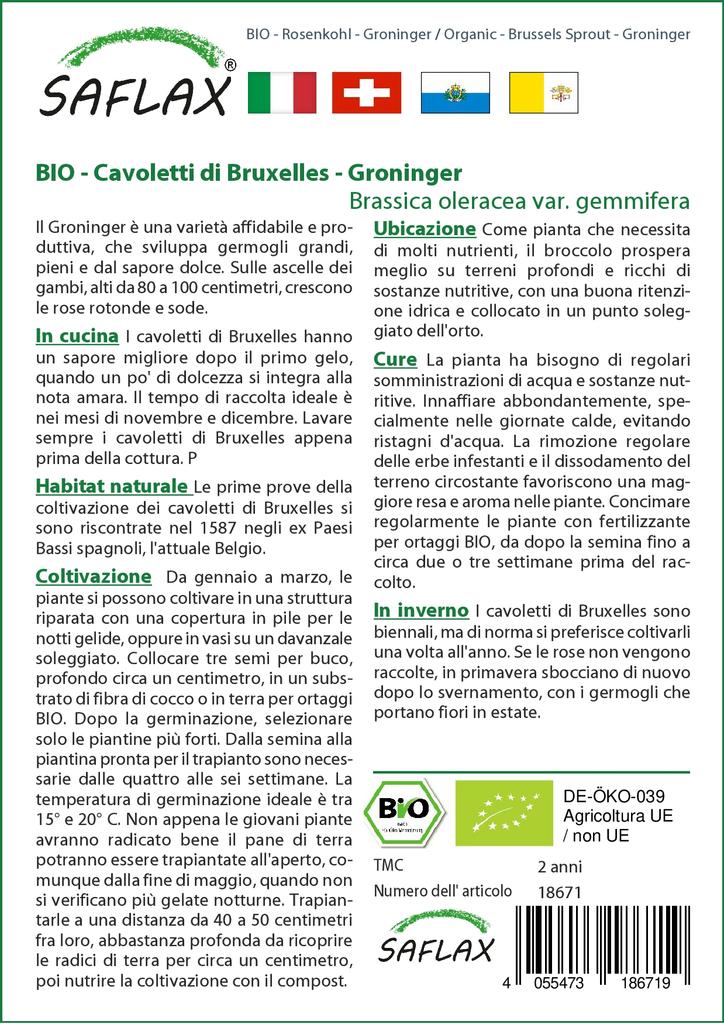 SAFLAX Garden in the Bag - Органический - Брюссельская капуста - Гронингера - 30 семян - С субстратом в подходящем стоячем пакете - Brassica oleracea
