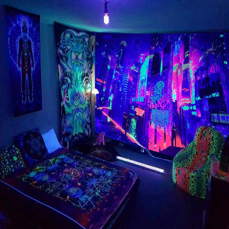 Черно-белый Гобелен Настенный Подвесной УФ-Реактивный Психоделический Мир Хиппи для Спальни Общежития Инди Комнаты Декор