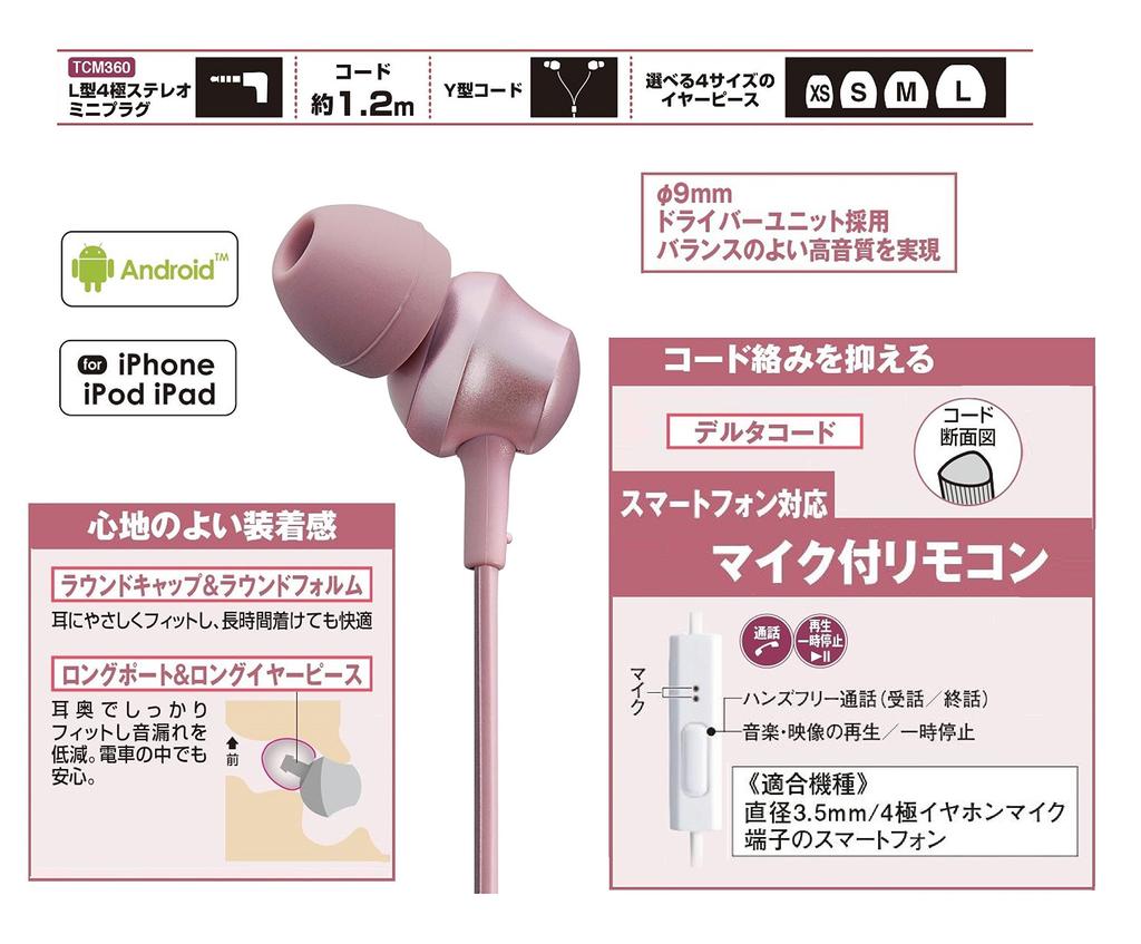 Panasonic In-Ear Headphones, Smartphone/iPhone Compatible, Pink, RP-TCM360-P