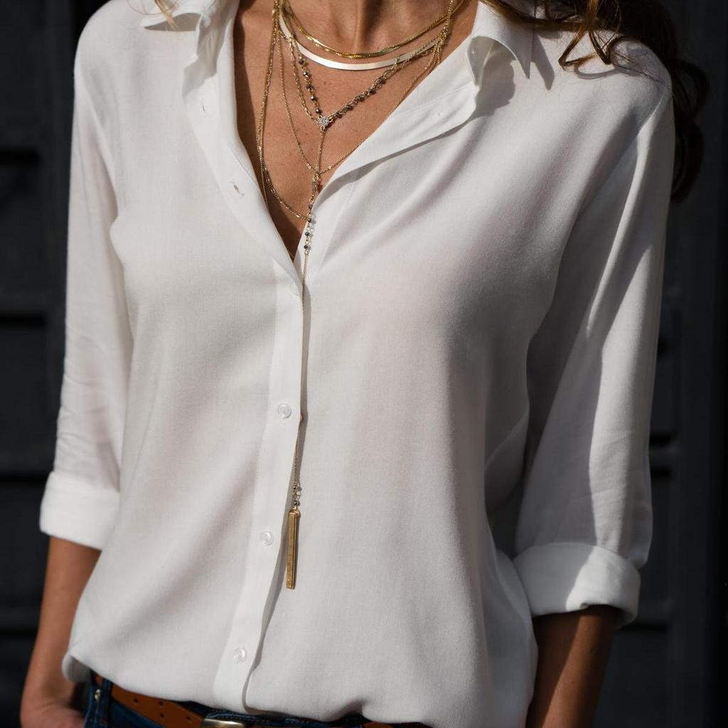2025 Autumn Winter Women's Deep V-Neck Chiffon Blouse, Plus Size Button-Down Office Shirt With Flowy Sleeves, Elegant Business Casual Top For Workwear
