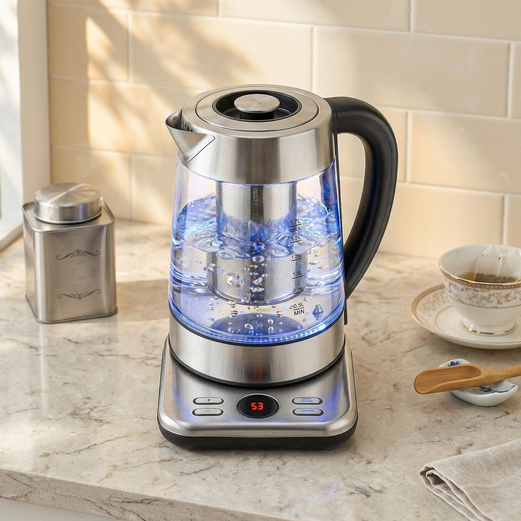 Electric Kettle, 1,7L Fast-Boiling 2200W Kettle with UK Strix Thermostat, Tea Filter, Keep-Warm Function